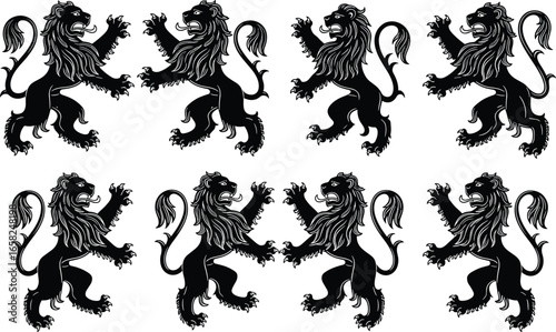 Heraldic lion silhouettes, rampant lion icons, medieval coat of arms symbols, black lion emblems, vintage heraldry design, noble animal graphics