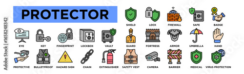 protector icon set. Editable Stroke Icon Collection. Shield, Lock, Firewall, Safe, Badge, Guard, Fortress, Armor, Umbrella, Hand, Eye, Fingerprint, Lockbox, Vault, Safety Vest, Security Camera, Barrie