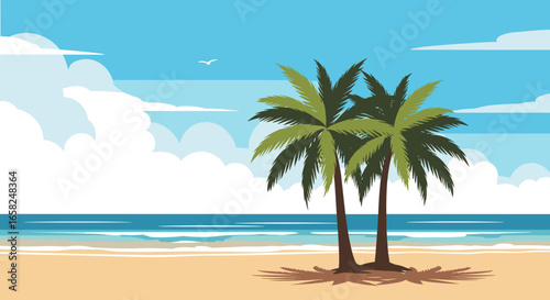 Serene beach scene with palm trees, gentle waves, and a clear blue sky with fluffy clouds.
