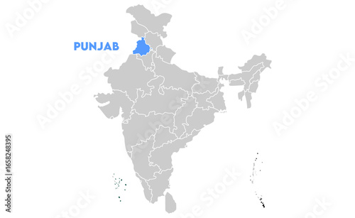 Punjab map highlighted with name, Indian states, suitable for education, business, presentations, print, web use, and creative geographic projects. Indian union territory.