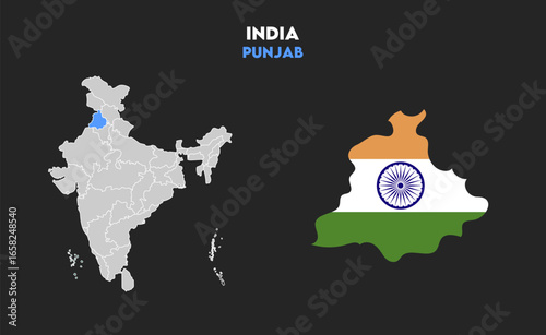 Punjab map with Indian flag, Indian states, suitable for education, business, presentations, print, web use, and creative geographic projects. Indian union territory.