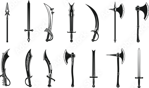 Medieval weapon silhouettes, black and white illustration, swords, axes, spears, fantasy armory, historical blades, battle tools, vintage style, warrior gear