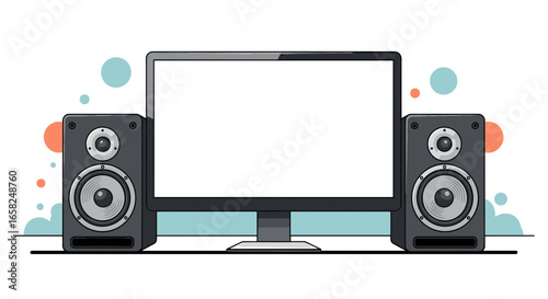 Modern computer setup with sleek speakers and blank screen, perfect for tech presentations