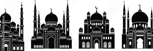 Mosque silhouette vector, Islamic architecture design, dome and minaret illustration, black and white religious building, cultural landmark graphic, isolated