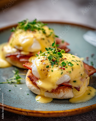 side shot of eggs Benedict with hollandaise sauce