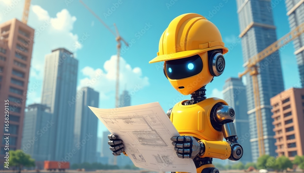 Fototapeta premium Yellow robot construction worker with hard hat studies blueprints. Futuristic industrial scene with skyscrapers, cranes defines progress. Automation, AI in engineering design advances urban
