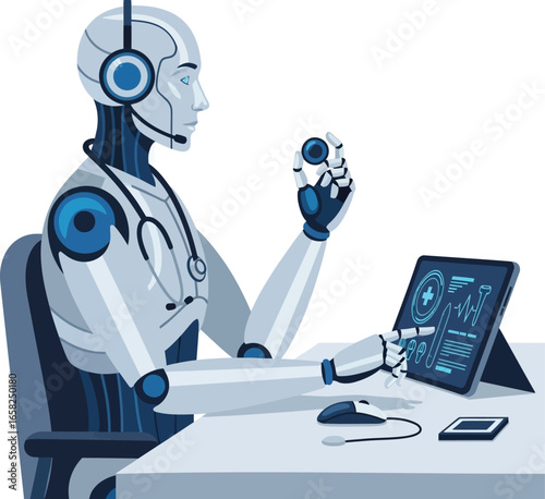 Robot doctor analyzing medical data on tablet while holding diagnostic device. Conceptual illustration of AI in healthcare, precision medicine, and futuristic diagnostics