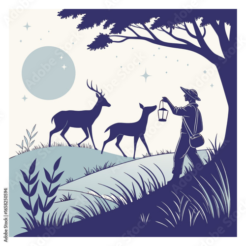 Nocturnal Wildlife Scene: Farmer with Lantern and Deer in Moonlight.