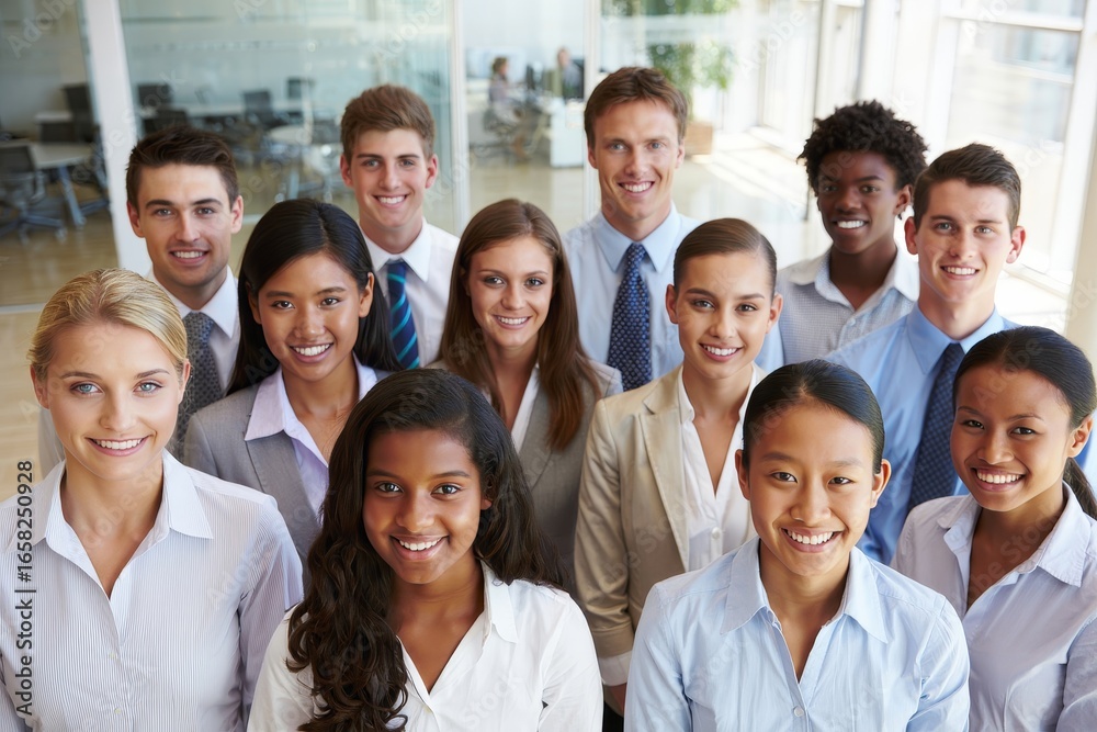 Fototapeta premium Diverse group of smiling business professionals standing together in a modern office space