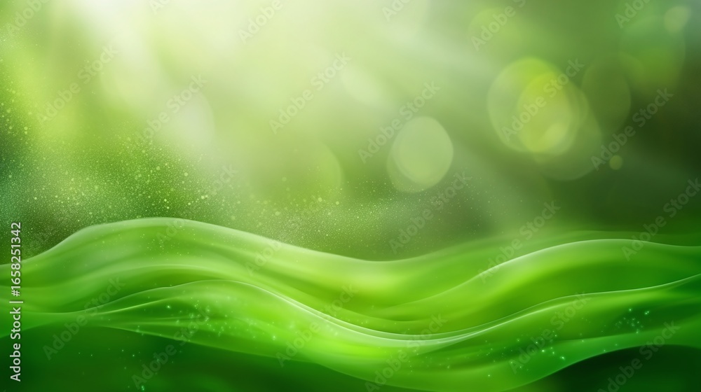 Fototapeta premium Green flowing fabric with soft light background.