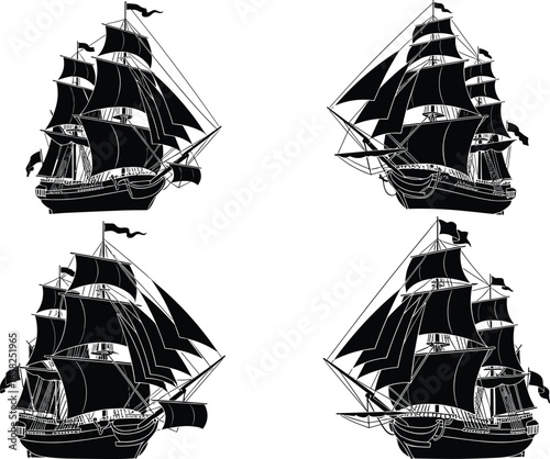 Vintage sailing ship illustration, black and white nautical art, historic maritime vessel drawing, classic sailboat sketch, ocean exploration design