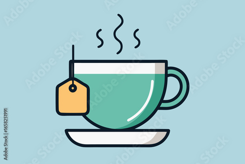 A steaming cup of tea in a green mug with a tea bag on a light blue background design