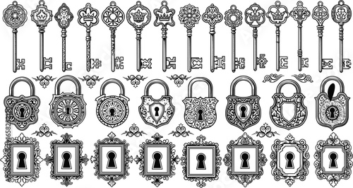 Vintage keys, antique locks, ornate keyholes, decorative hardware, old-fashioned security, retro design, classic metalwork, steampunk style, collectible items, locksmith tools