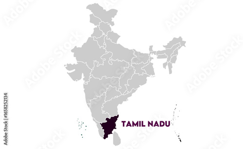 Tamil Nadu map highlighted with name, Indian states, suitable for education, business, presentations, print, web use, and creative geographic projects. Indian union territory.