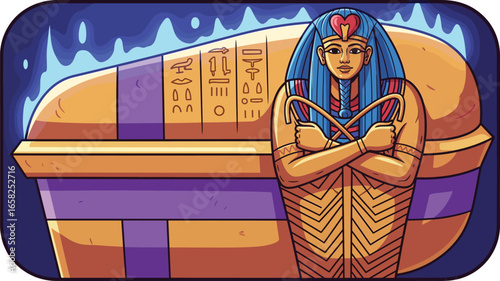 Ancient Egyptian sarcophagus illustration, pharaoh mummy tomb, glowing mystical background, cartoon vector art, historical mythology design, golden coffin, hieroglyphic detail, isolated image
