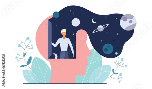 Science insight, inner discovery in surreal brain. Cartoon man at open door in human head, magic cosmos adventure among planets of solar system and stars flat vector illustration. Imagination concept