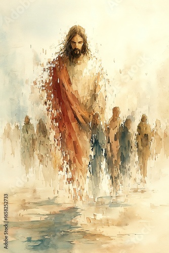 Minimalist watercolor of Jesus leaving the ninety-nine to find the lost.
