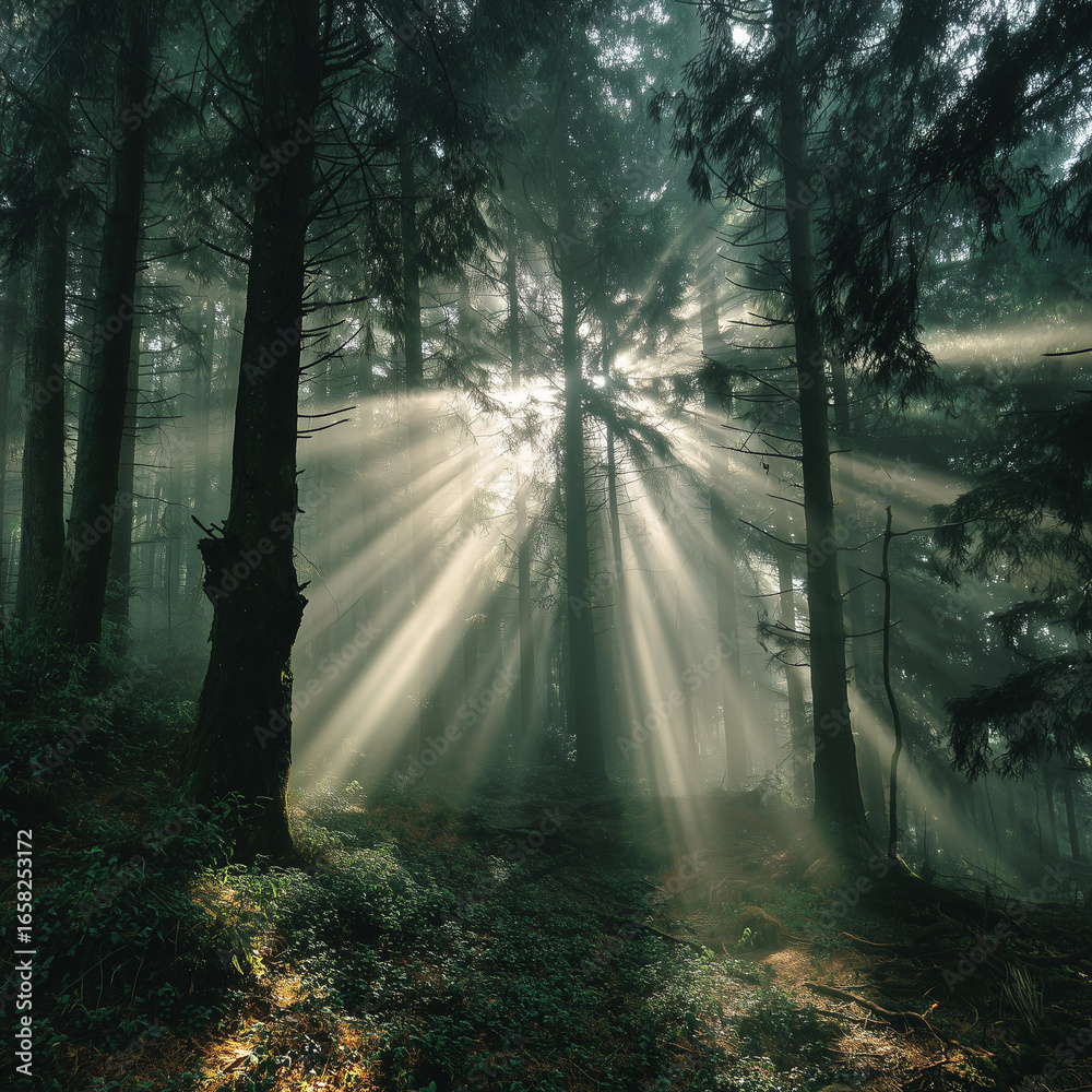 Obraz premium Sun rays breaking through dense forest trees in morning mist.