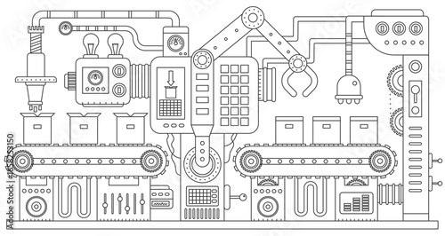 Industry production, manufacture and conveyor machines thin line infographic vector illustration. Abstract factory assembly chain, automatic machinery for moving boxes and distribution operation