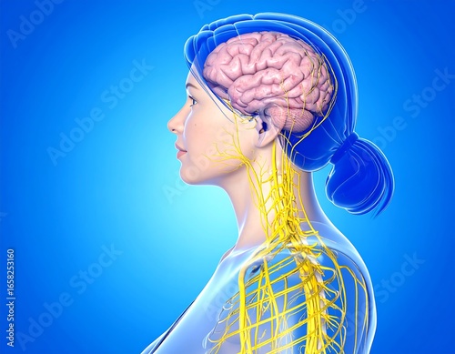 Anatomical illustration showcasing the female brain and nervous system detailed view