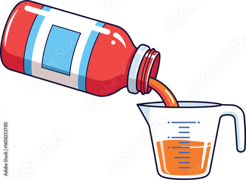 Cartoon illustration of medicine bottle pouring liquid into measuring cup, pharmaceutical dosage, medical syrup, vector style, healthcare and pharmacy concept