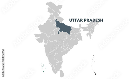 Uttar pradesh map highlighted with name, Indian states, suitable for education, business, presentations, print, web use, and creative geographic projects. Indian union territory.