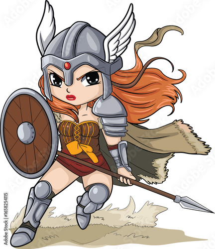 Cartoon valkyrie warrior girl in armor with spear and shield, chibi style female fighter character, fantasy battle illustration for graphic design