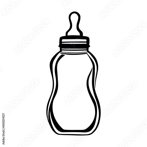 A plastic baby bottle with a blue cap and a pacifier, vector illustration