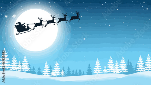 Silhouetted sleigh with reindeer flying across full moon on snowy winter night, evoking Christmas magic, celebration, and holiday spirit