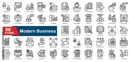Modern Business icon set featuring essential business concepts and strategy. Containing remote teams, pitch decks, invoicing, marketing plans, client onboarding, SaaS platforms, digital payments. 