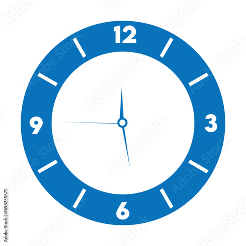 A blue and white clock with simple design shows the time, isolated on a white background