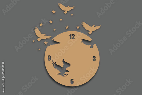 A decorative wooden clock featuring eagles and stars is displayed against a gray background, creating a unique and artistic timepiece