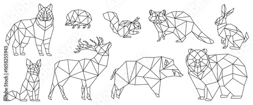 Geometric low poly animals set, black thin line vector illustration. Abstract creative polygonal design with triangle simple shapes for wild deer bear fox hedgehog squirrel raccoon rabbit wolf