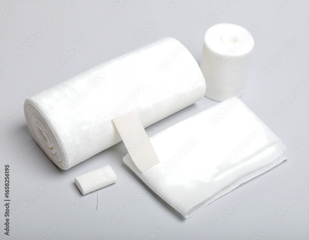 Fototapeta premium Sterile bandage and gauze isolated on white background