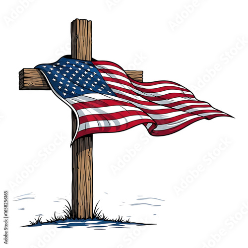 American flag draped over a wooden cross, isolated on transparent background