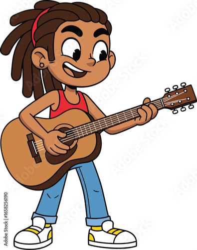 Happy cartoon boy playing acoustic guitar, wearing red tank top, blue jeans, sneakers, dreadlocks hairstyle, vector illustration for music, kids, and entertainment