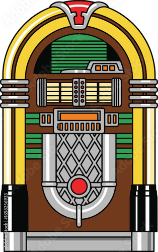 Retro jukebox vector illustration, vintage music machine, classic design, colorful 1950s style jukebox, nostalgic entertainment clipart, antique musical device, old-fashioned decor element