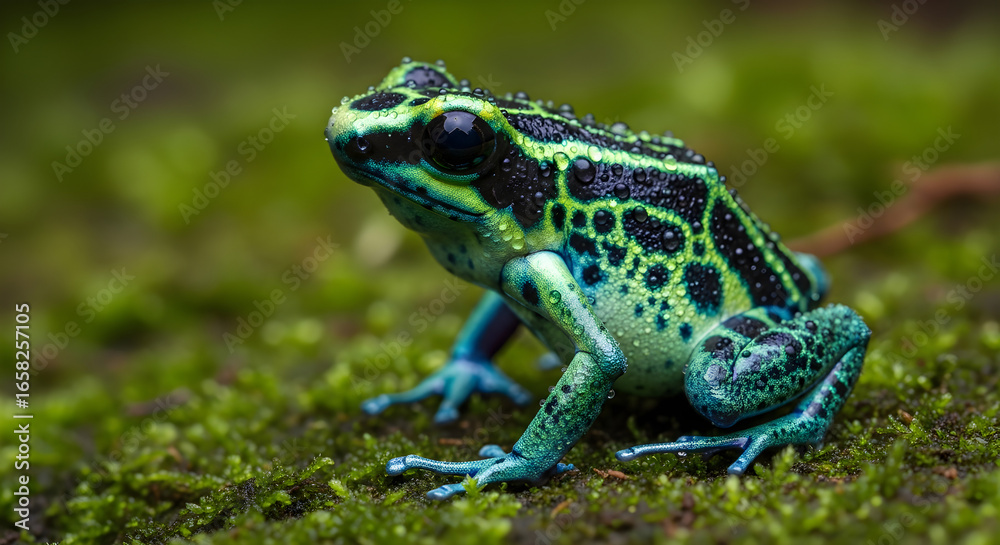 Amazon Poison Dart Frog Macro Close-Up with Green and Blue Patterns, Alert Eye, Jungle Moss Background, Wet Natural Textures, Exotic Tropical Amphibian Amazon Poison Dart Frog Macro Close-Up with Green and Blue Patterns, Alert Eye, Jungle Moss Background, Wet Natural Textures, Exotic Tropical Amphibian