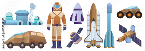 Space objects set vector illustration. Cartoon astronaut character, rocket and spaceship, antennas and telescopes on station for galaxy exploration, cosmo collection isolated on blue background