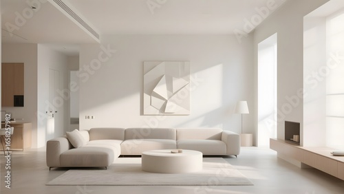 Modern minimalist living room with white furniture and abstract wall art
