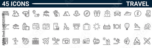 Set of forty-five outline icons related to travel. Linear icon collection. Editable stroke. Vector illustration. Icons for mobile app and website.