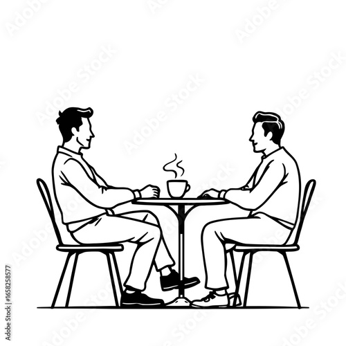 A vector cartoon illustration shows a couple sitting at a cafe table, a man and a woman in silhouette, talking while a businessman works on his computer nearby