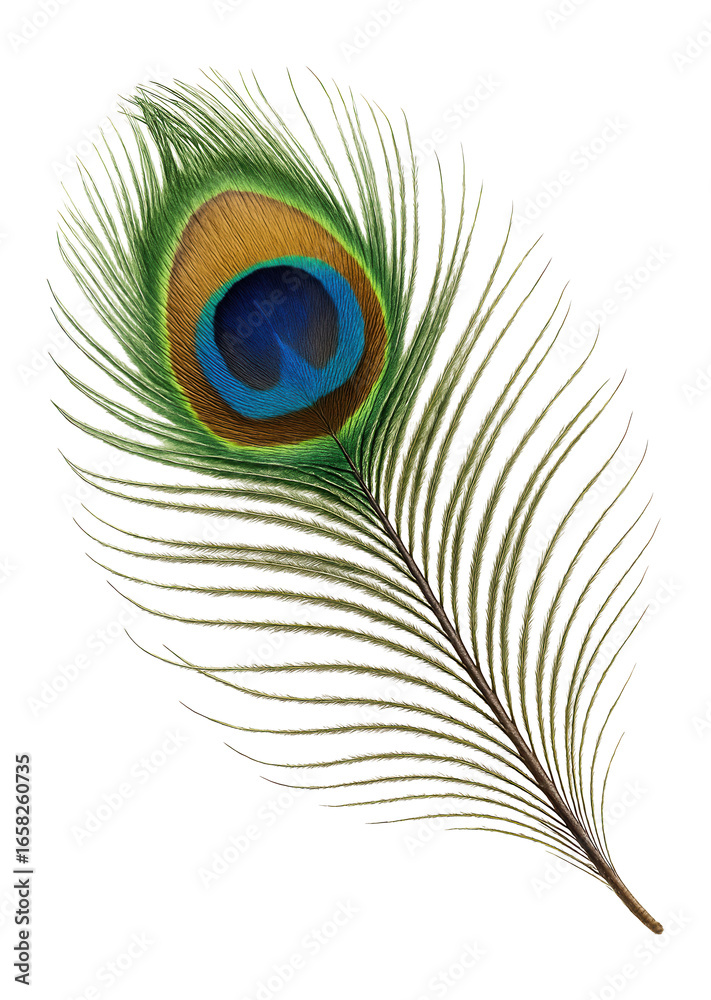 Fototapeta premium Single peacock feather with distinctive eye pattern.