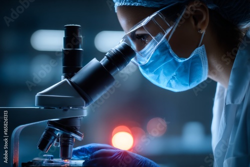 A woman wearing a lab coat and a mask is looking through a microscope