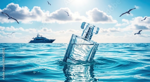 Perfume bottle floats in ocean, yacht in background, sunny sky, seagulls.