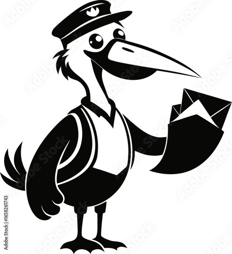 Pelican postman delivering letters in beak silhouette  vector black , white background 