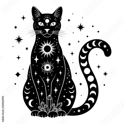 Mystical black cat with celestial symbols, moon, sun, stars, and crystals isolated on transparent background