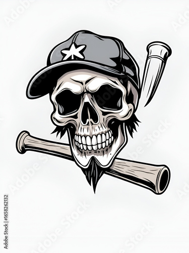 the bastard skull wearing cap holding a baseball bat.vector hand drawing,Shirt designs, biker, disk jockey, gentleman, barber and many others.isolated and easy to edit. Vector Illustration
