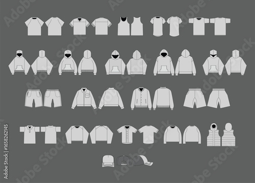 Fashion Flat Sketch Templates, Streetwear Essentials Mockup Pack for Clothing Brand