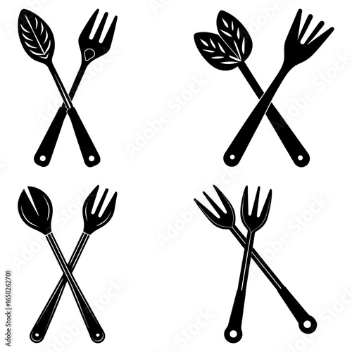 Illustration of four crossed salad serving sets with forks and spoons in black and white style